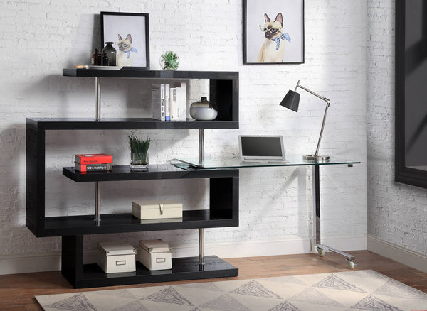 English Elm Buck Modern Buck Glass Writing Desk with Chrome High-Gloss Frame, 360° Swivel, Shelves & Wheels Black 51 L x 28 W x 4.5 H B2726S00026
