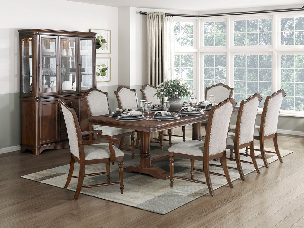 English Elm Formal Nine Piece Cherry Trestle Dining Set with Nailhead Upholstered Chairs Extendable B011S01374