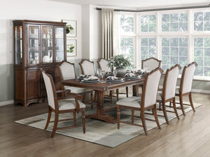 English Elm Formal Nine Piece Cherry Trestle Dining Set with Nailhead Upholstered Chairs Extendable B011S01374