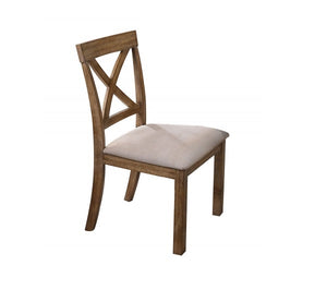 English Elm Antique Rustic Oak Dining Chair Set of 2 with X-Back and Padded Beige Seat, Solid Wood Farmhouse Appeal B011P361925