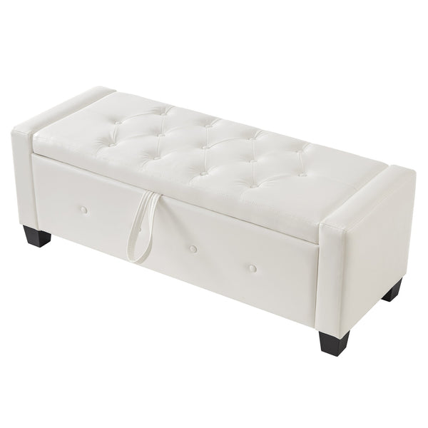 English Elm 48" Storage Ottoman Bench with Tufted Faux Leather Upholstery, Solid Wood Frame & 300lb Capacity Ivory White W1097P338779