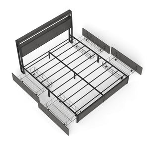 English Elm Queen Metal Platform Bed with Rgb Led Headboard Charging Station and Underbed Storage T3963P483012