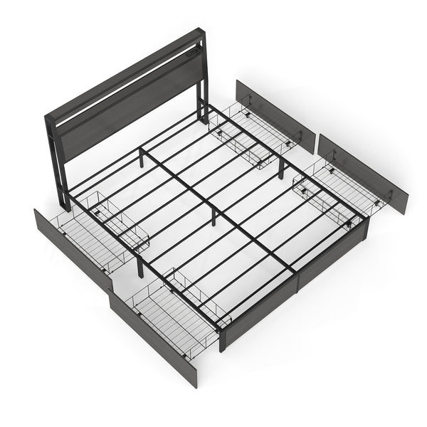 English Elm Queen Metal Platform Bed with Rgb Led Headboard Charging Station and Underbed Storage T3963P483012