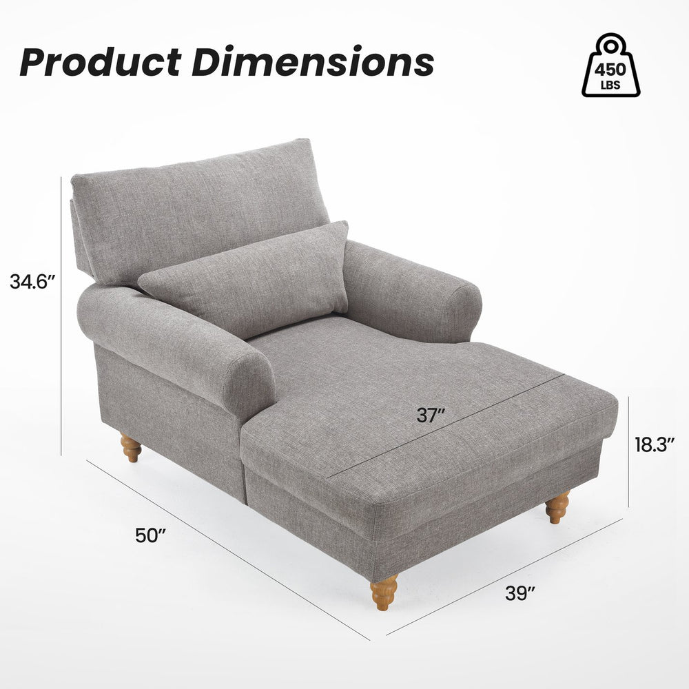English Elm Upholstered Chaise Lounge Rolled Arms Reclining Back Foam Cushion Elegant Wood Feet Light Gray T3623P411642