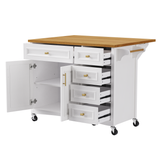 English Elm K&K 52'' Kitchen Island With Drop Leaf, Embossed Texture Kitchen Island On Wheels With Spice Rack, Towel Rack, 2 Doors and 5 Drawers, Kitchen Storage Cart With Adjustable Shelf For Kitchen, White