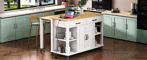 English Elm K&K 47 Inch Kitchen Island with Extendable Dining Table, Rolling Storage Cabinet, Built-In Power White N707P215327W