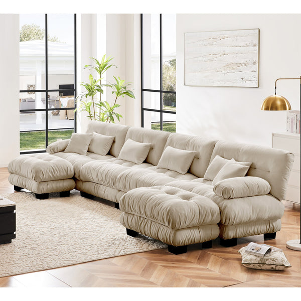English Elm Free Modular U-Shaped Sectional Sofa With 2 Ottomans – Cozy Light Coffee Chenille 4-Seater Couch W714S01033
