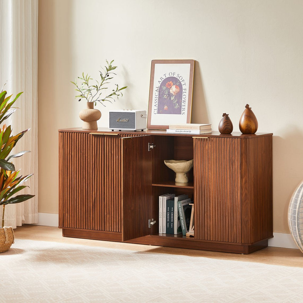 English Elm 63" Wave Front Sideboard with Four Door Storage for Living Room Hallway Bedroom Walnut W1820P431359