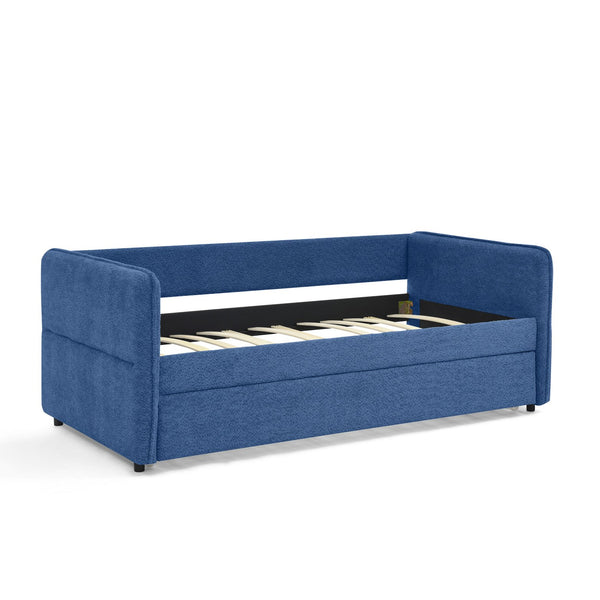 English Elm Daybed Boucle Upholstered Tufted Twin Trundle Sofa for Guest Bedroom Studio Lounge Blue W1413S00173