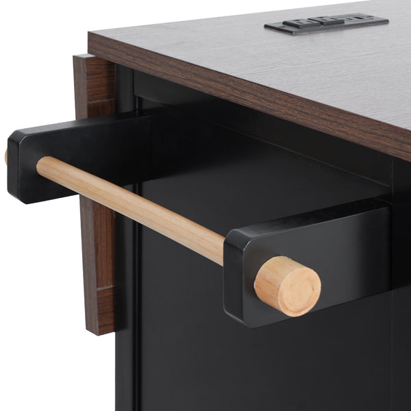 English Elm K&K 54.9" Farmhouse Kitchen Island Cart with Drop Leaf, Charging Station, Barn Doors & Glass Pane Black N707P300277B