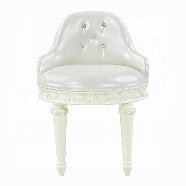 English Elm Ivory Tufted Swivel Vanity Seat Upholstered in Faux Leather with Turned Wood Legs B062P209153