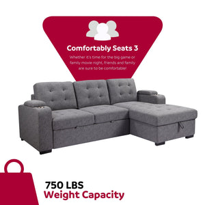 English Elm Living L-Shaped Sleeper Sofa Lounger with Storage Chaise, Convertible Sectional Bed, Durable Frame Grey 59 L x 35 W x 17 H B2741S00007
