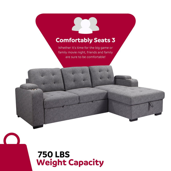 English Elm Living L-Shaped Sleeper Sofa Lounger with Storage Chaise, Convertible Sectional Bed, Durable Frame Grey 59 L x 35 W x 17 H B2741S00007