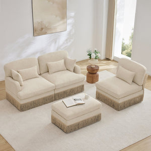 English Elm 100"comfy Chenille Leopard Print Sectional Sofa with Tassel Trim and Movable Ottoman Beige W5656S00005