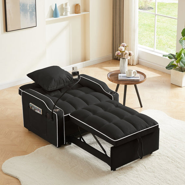 English Elm 3-in-1 Sofa Bed with USB & Cup Holders, Velvet Convertible Sleeper Chair with 3 Angles for Small Spaces Black W1359P336105