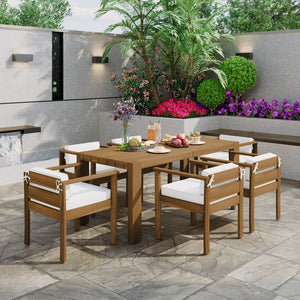 English Elm Trexm Acacia Wood Outdoor Dining Set Seats Six with Washable Cushions Umbrella Ready Beige,Light Teak TM000022AAD