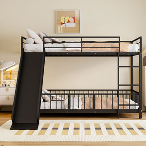 English Elm Twin Twin over Twin metal bunk bed with slide, guardrails and convertible loft design for safety and playfulness Black SF000169AAB
