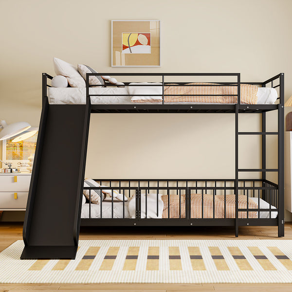 English Elm Twin Twin over Twin metal bunk bed with slide, guardrails and convertible loft design for safety and playfulness Black SF000169AAB