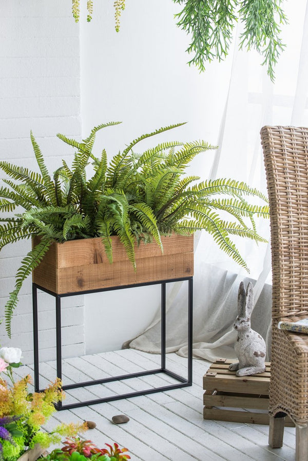 English Elm Set of 2 Rustic Wood Planter Boxes with Black Iron Stands for Farmhouse Decor W2078P496655