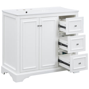English Elm 36'' Transitional Bathroom Vanity with Ceramic Sink, Solid Wood Frame, Adjustable U-Shelf & Soft-Close Doors White N729P292966K
