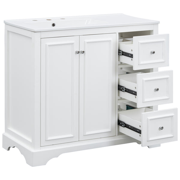 English Elm 36'' Transitional Bathroom Vanity with Ceramic Sink, Solid Wood Frame, Adjustable U-Shelf & Soft-Close Doors White N729P292966K