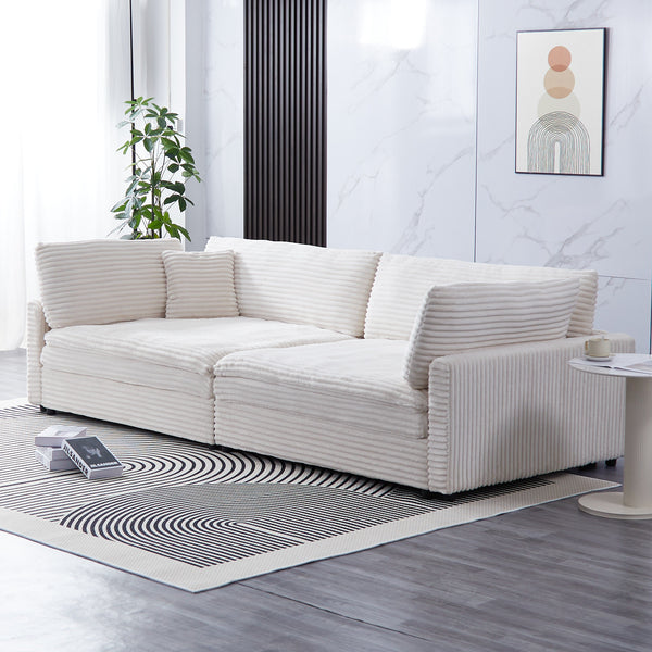 English Elm The 112-inch Corduroy Sofa in Beige with Two Pillows, Solid Wood Frame, S-Spring Comfort for 4-seat Living Room W3371S00006