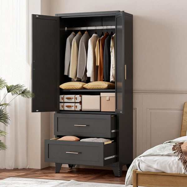 English Elm 71" Steel Wardrobe with Hanging Rod Two Drawers and Shelf for Compact Bedroom W3387P411306