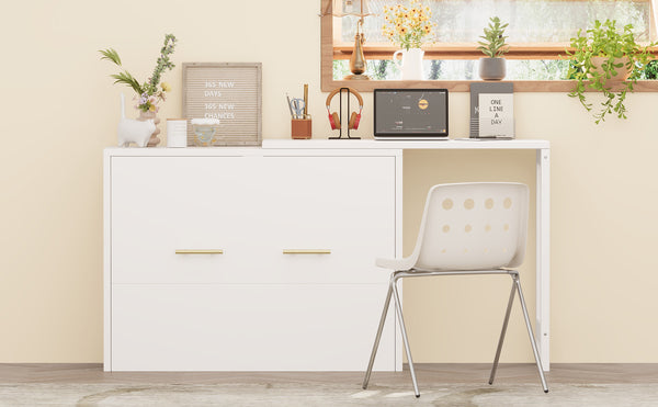 English Elm Twin Murphy Cabinet Bed with Folding Desk Mdf Frame Guest Room White Finish N733S272603K