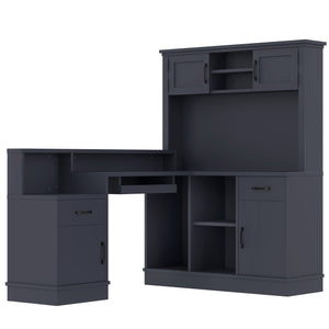 English Elm L-shaped Corner Computer Desk with Built-in Outlets Drawers and Open Shelving Storage W1580S00270