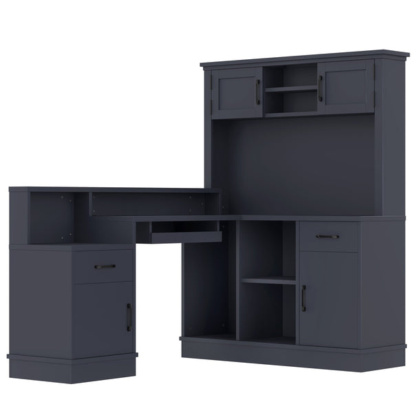 English Elm L-shaped Corner Computer Desk with Built-in Outlets Drawers and Open Shelving Storage W1580S00270
