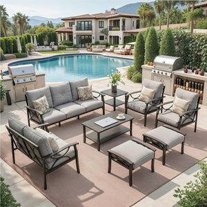 English Elm 8-piece Outdoor Conversation Set 9 Seat Steel Patio Sofa with Thick Cushions Tables Gray B082S00124