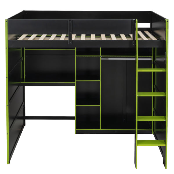 English Elm Full Size Loft Bed with Rgb Lighting Desk Open Wardrobe and Storage for Gaming Rooms Green LT000277AAG