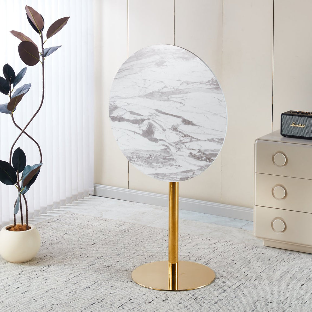 English Elm Modern Glam Pub Set with Marble Top Round Table and Two Adjustable Stools Gold+Blue W234S00135
