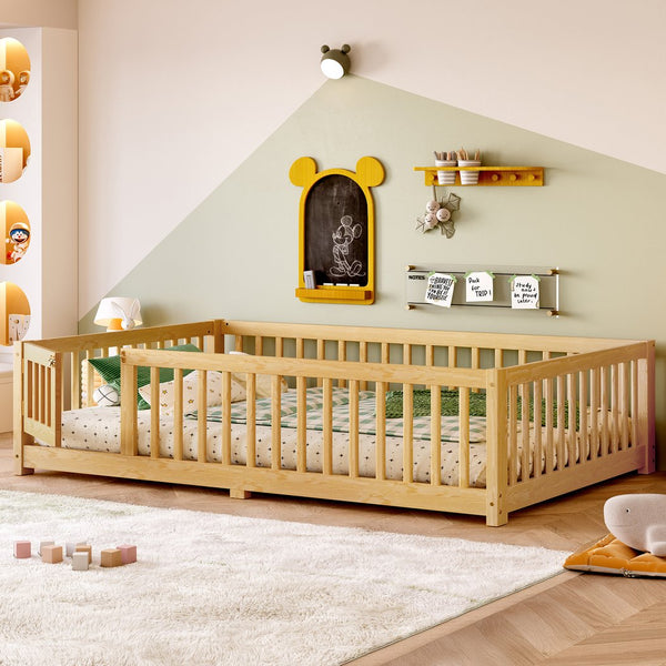 English Elm Full Floor Bed with Safety Guardrails and Play Door for Kids, Low Profile Pine Frame, 550lb Capacity Natural W1580P338952