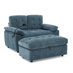 English Elm Leisure Chenille Two Seat Reclining Sofa with Usb Port Storage Ottoman Padded Armrests Blue W487S00516