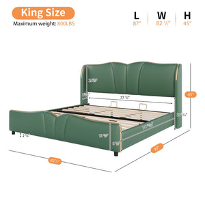 English Elm Christopher Knight Home® - King PU Leather Bed Frame with Wingback Headboard & Footboard, Gold Accents, Platform Slat Support, Elegant Design Dark Green 85 L x 10 W x 3.25 H N761S0000017F