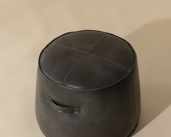 Sunpan Mitchell Ottoman - Stylish Round Faux Leather Accent Piece with Decorative Handle for Any Space Overcast Grey