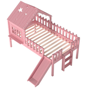 English Elm Twin Playhouse Loft Bed Solid Pine Frame with Slide Led Lights and Star Roof Pink W5316S00003