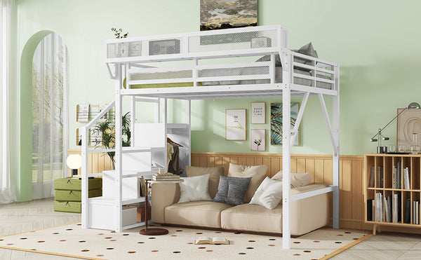 English Elm Full Size Loft Bed With Stairs & Shelves - Stylish Metal High Loft Bed For Kids & Teens, White Finish W2580S00032