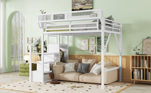 English Elm Full Size Metal Loft Bed with Stair Wardrobe and Shelves for Kids Teen Rooms W2580S00056