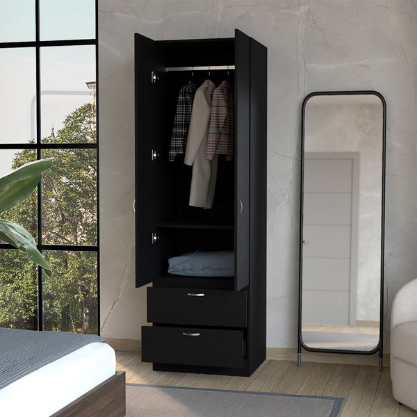 English Elm Armoire Marlton Black Bedroom Cabinet with Hanging Rod, Shelf & 2 Drawers — Durable Engineered Wood B092P191174