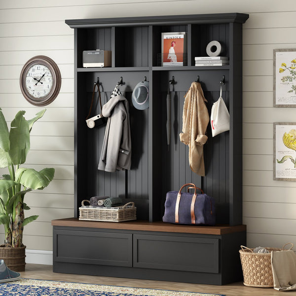 English Elm Rattan Door Hall Tree Bench with 6 Hooks Farmhouse Entryway Storage Black + Dark Walnut N721S000076B