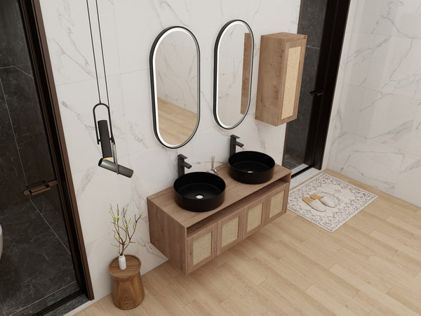 English Elm 48" Floating Bathroom Vanity Oak Finish Dual Ceramic Sinks Four Soft Close Doors W999S00499