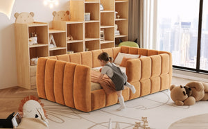 English Elm Upholstered Velvet Toddler Daybed with Removable Guardrails and Solid Slat Support Orange N899P452426C