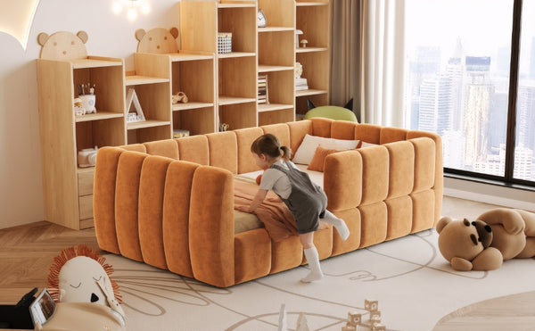 English Elm Upholstered Velvet Toddler Daybed with Removable Guardrails and Solid Slat Support Orange N899P452426C