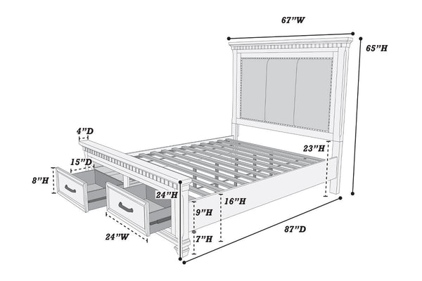 English Elm Traditional Queen Bed Upholstered Headboard Footboard Storage Drawers Dark Brown Wood B011S02124