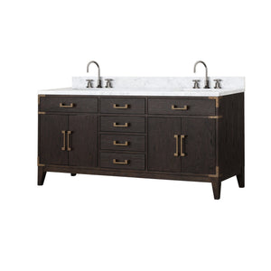 English Elm Brown Oak 72in Double Bath Vanity with Carrara Marble Top, Soft-Close Storage & Chrome Faucet Set B2731P259883