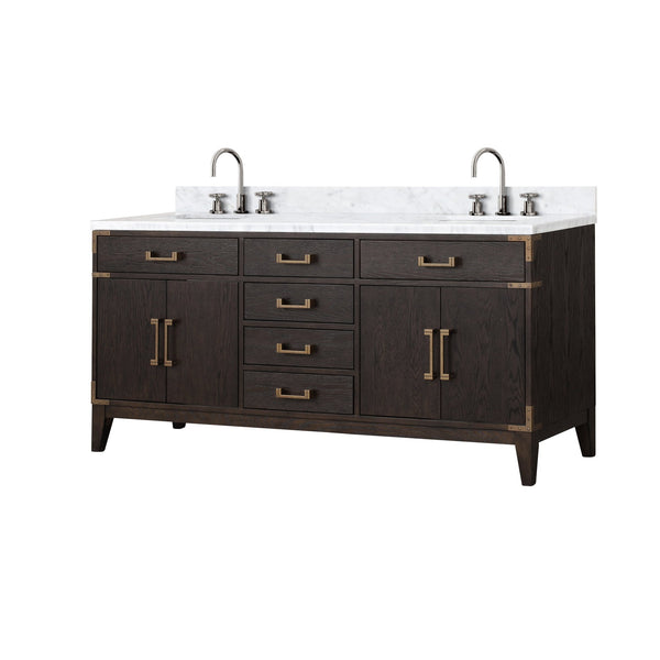 English Elm Brown Oak 72in Double Bath Vanity with Carrara Marble Top, Soft-Close Storage & Chrome Faucet Set B2731P259883