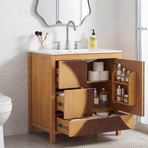 English Elm 30 Inch Fluted Freestanding Bathroom Vanity Solid Wood Soft Close Spa Style W5278S00003