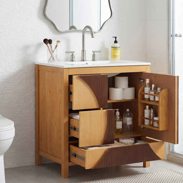 English Elm 30 Inch Fluted Freestanding Bathroom Vanity Solid Wood Soft Close Spa Style W5278S00003